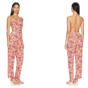 Lovers & Friends Makena Orange Floral Halter Open Tie Back Jumpsuit S
